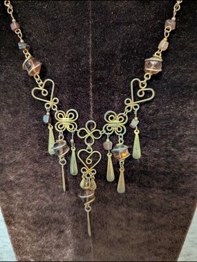 Vintage Bohemian Bronze Heart & Teardrop Pendant Necklace with Amber Beads